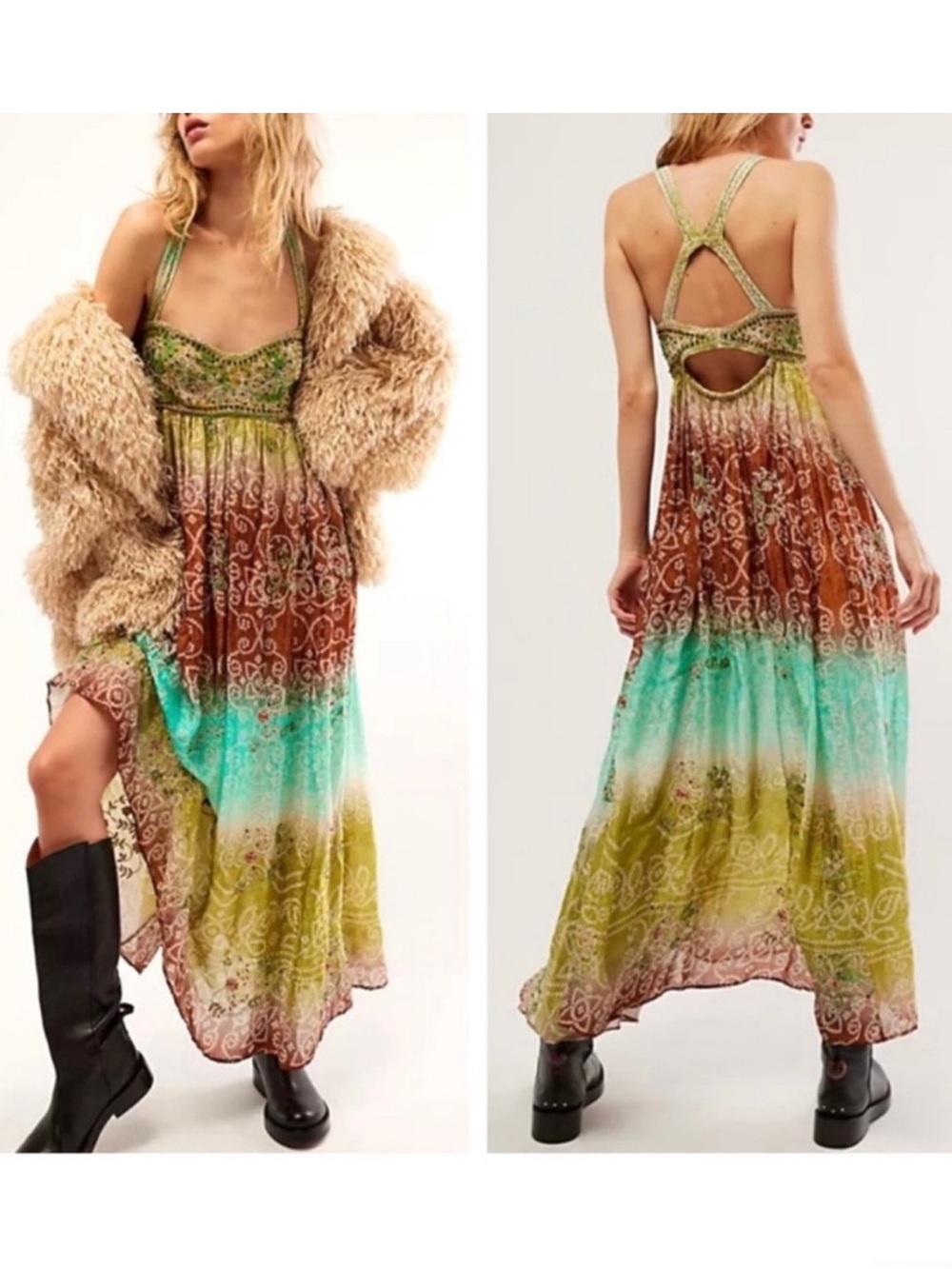 FREE PEOPLE Into The Nights Maxi Dress Size XS Woods Combo Rare
